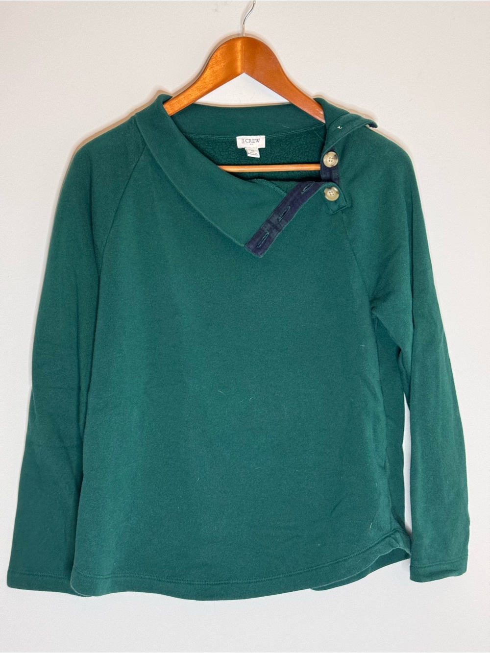 J. Crew Forest Green Funnel Neck Button Sweatshirt Womens Medium Fleece Pullover